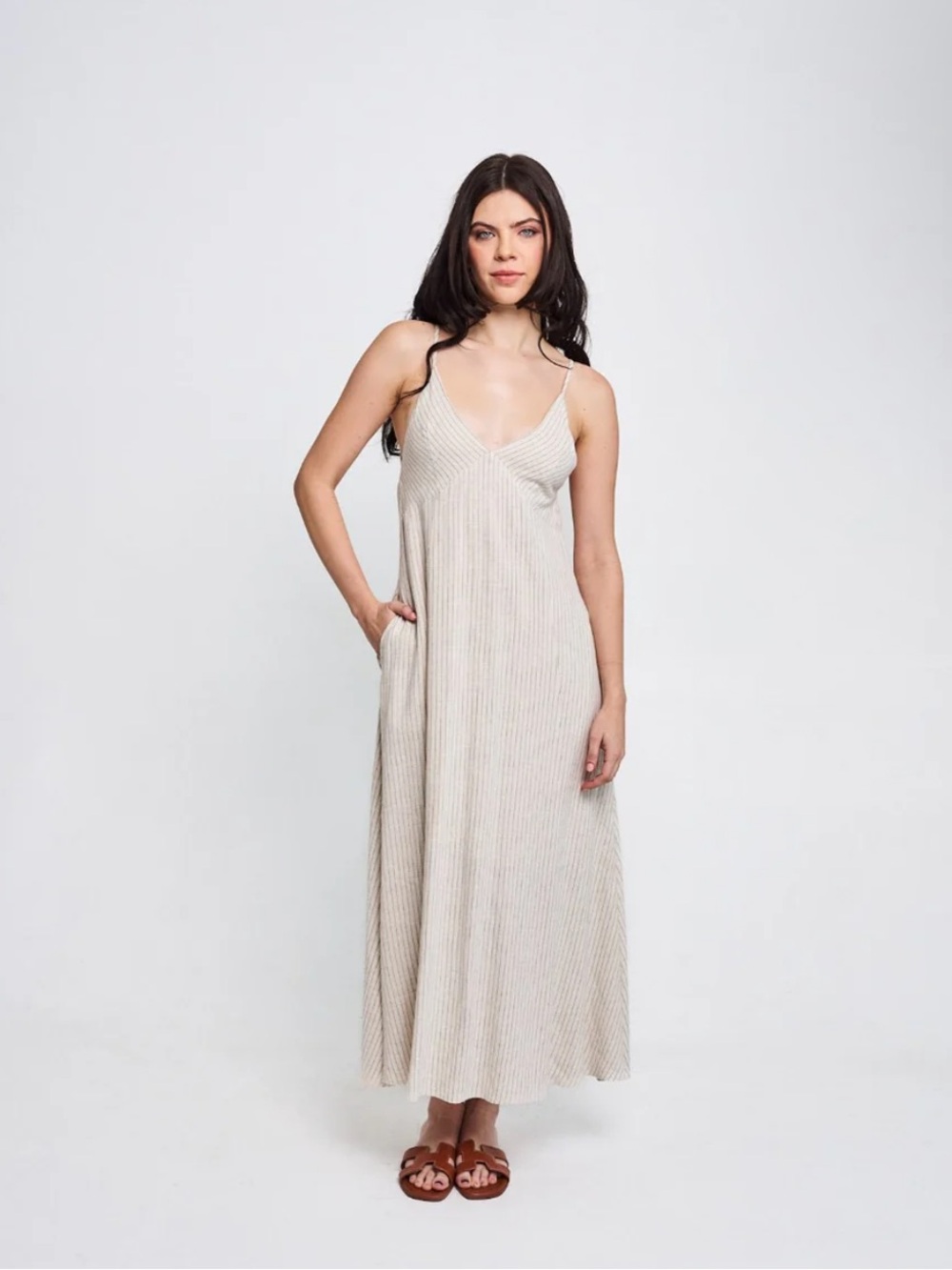 NWT Hunter & Brown Ivory Pinstripe Maxi Dress with open back and pockets, Size L